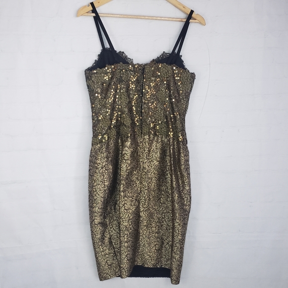 Vtg Bronze Metallic Brocade Sequins Cocktail Dress - Picture 11 of 13